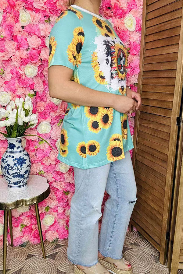 Western clothing wholesale Blue Sunflower printed serape t-shirt XCH12577 (GS8)